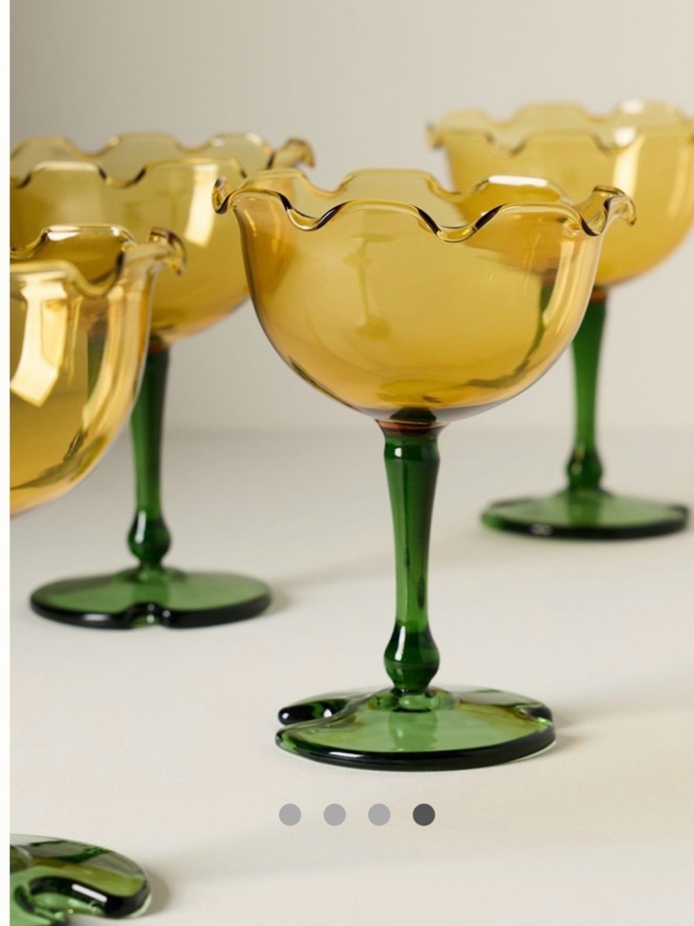 Set of 4 yellow  Ruffled Coupe Glasses with Green Stem